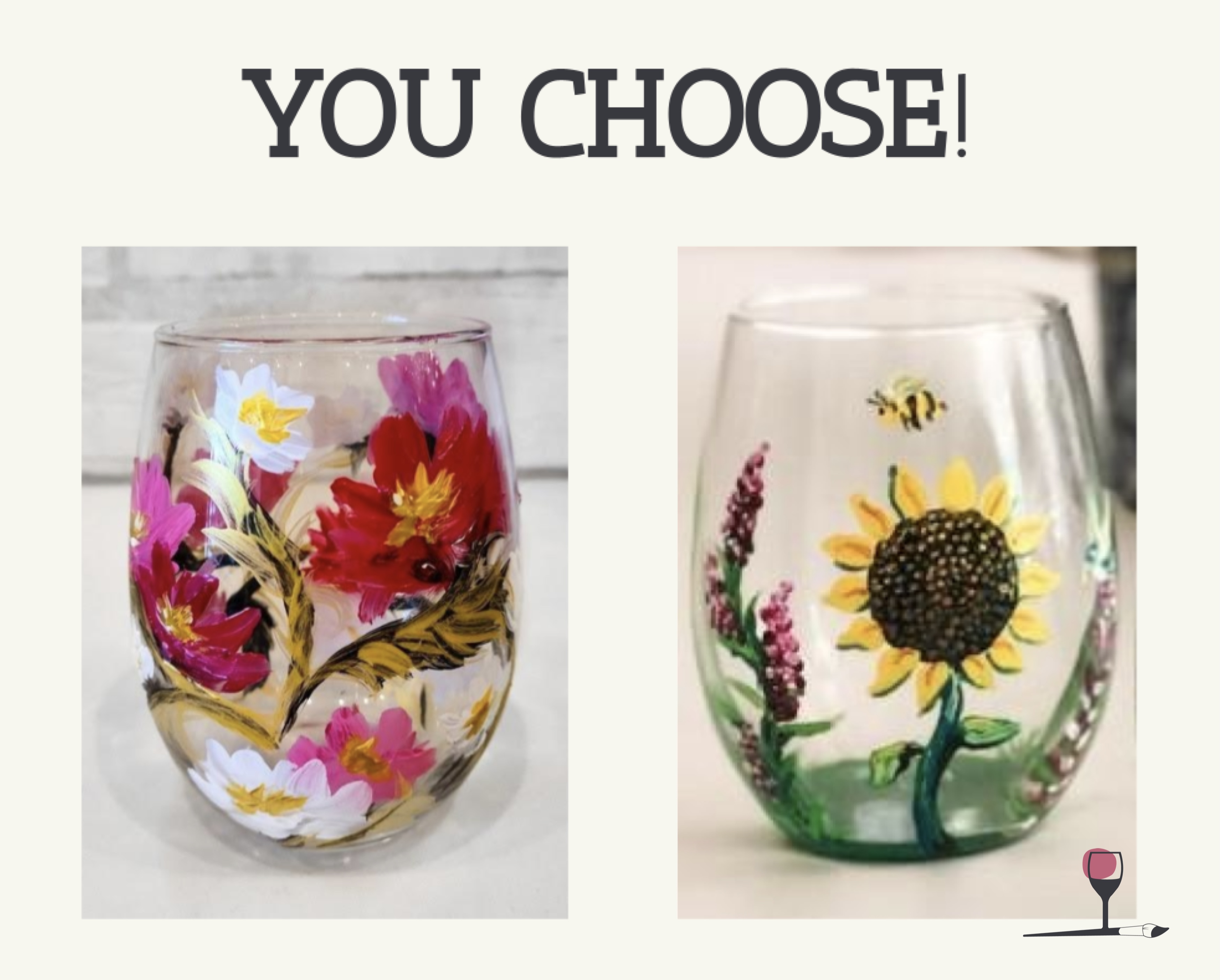 You Choose Poppies or Sunflower on Two Stemless Wine Glasses | Workshop