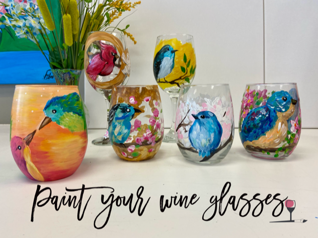 Wine Glass Painting | Spring Flowers and Chickadees | Each guest paints on two stemless glasses 
