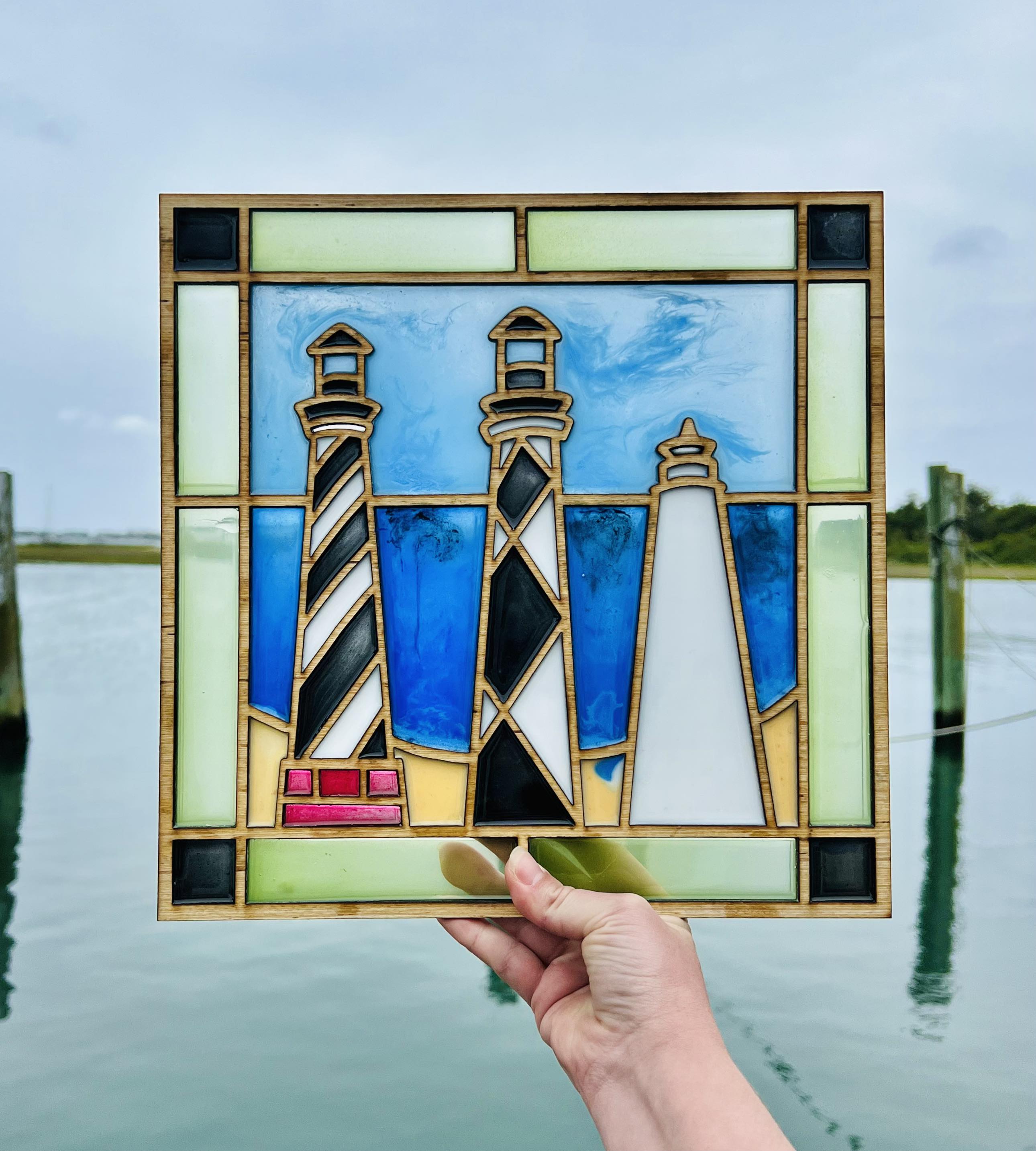 Resin Poured Faux Stained Glass NC Lighthouses