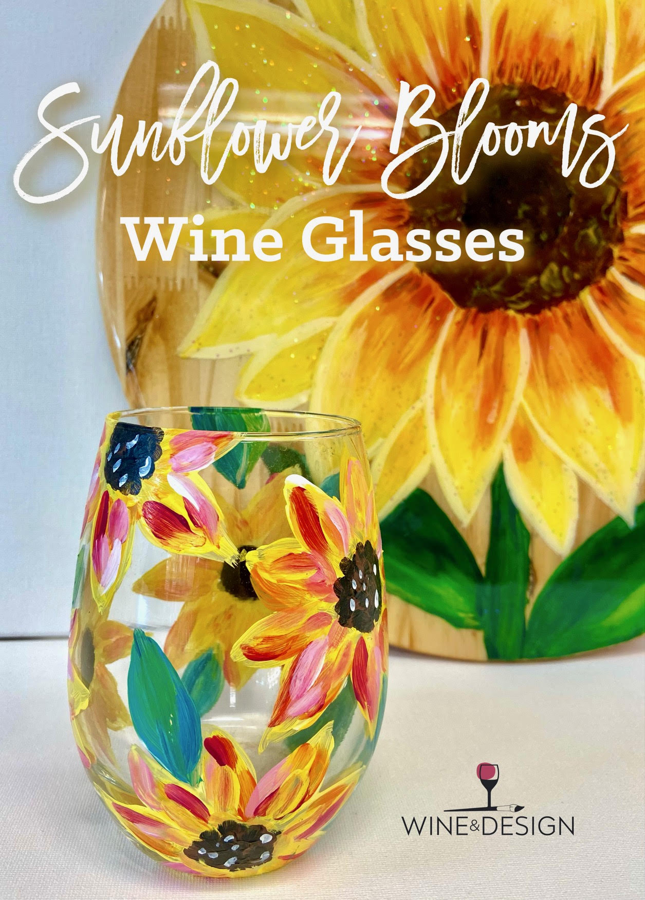 Sunflower Bloom Wine Glasses: Includes first glass of wine