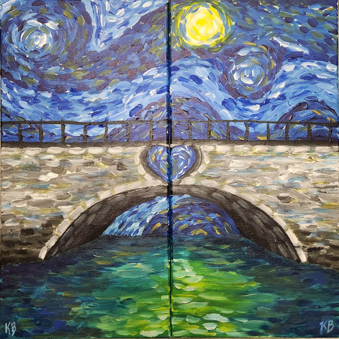 STARRY NIGHT BRIDGE Date Night Set on 2 Canvases or Single Canvas at 7:00 pm