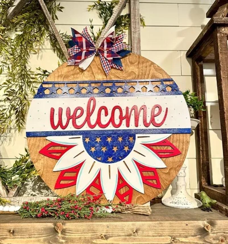 DIY | 18" Welcome Patriotic Sunflower Door Hanger 