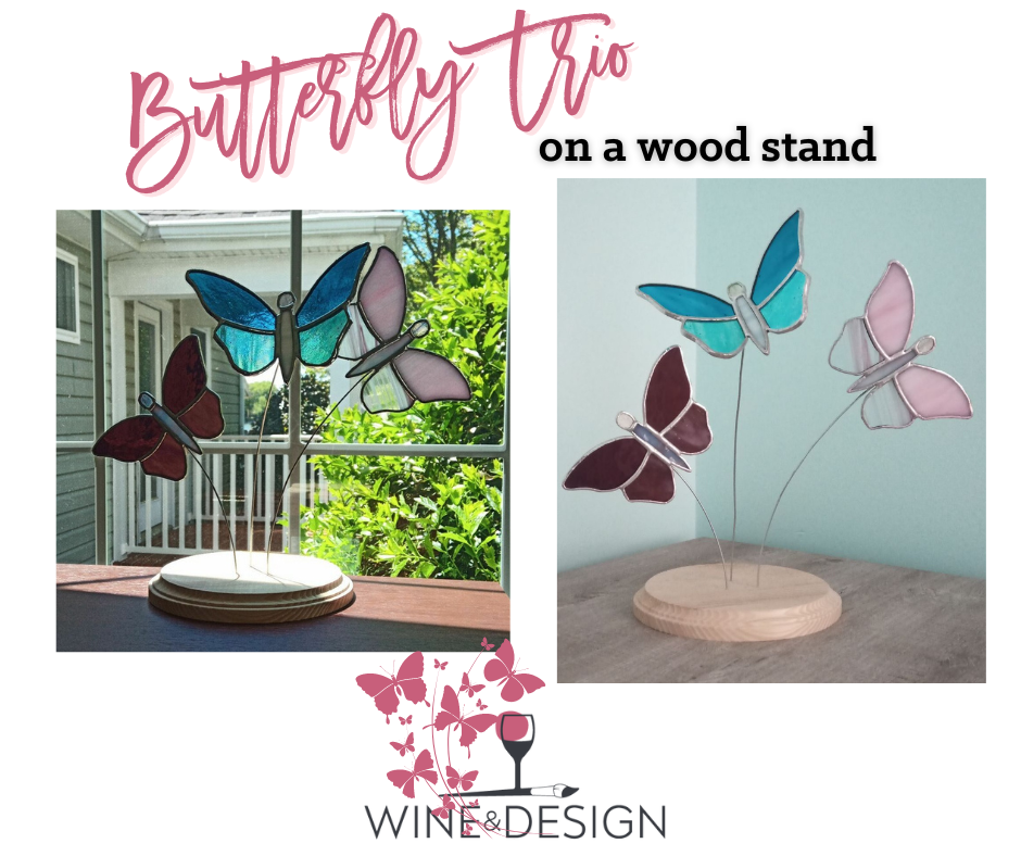 Stained Glass Butterfly Trio on Wood Stand