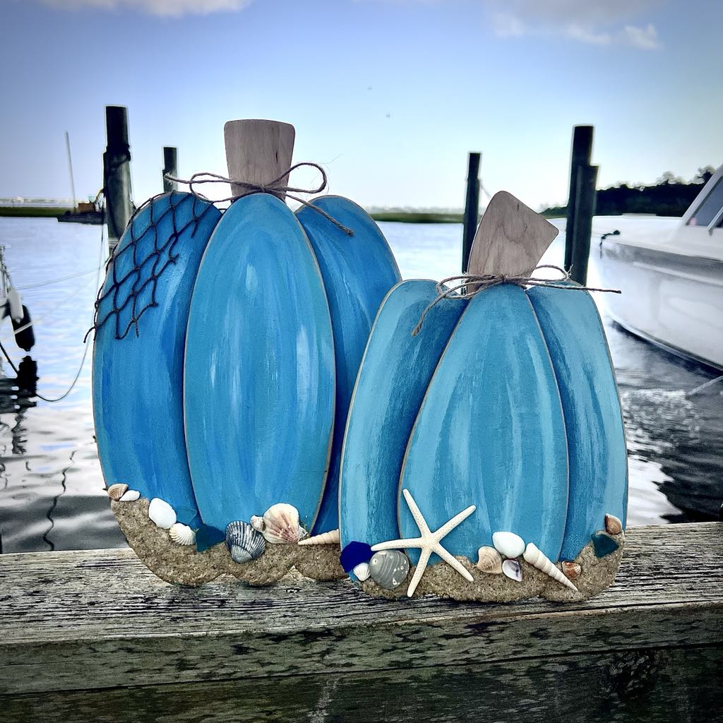 Set of 2 Wooden Coastal Pumpkins Stand Up