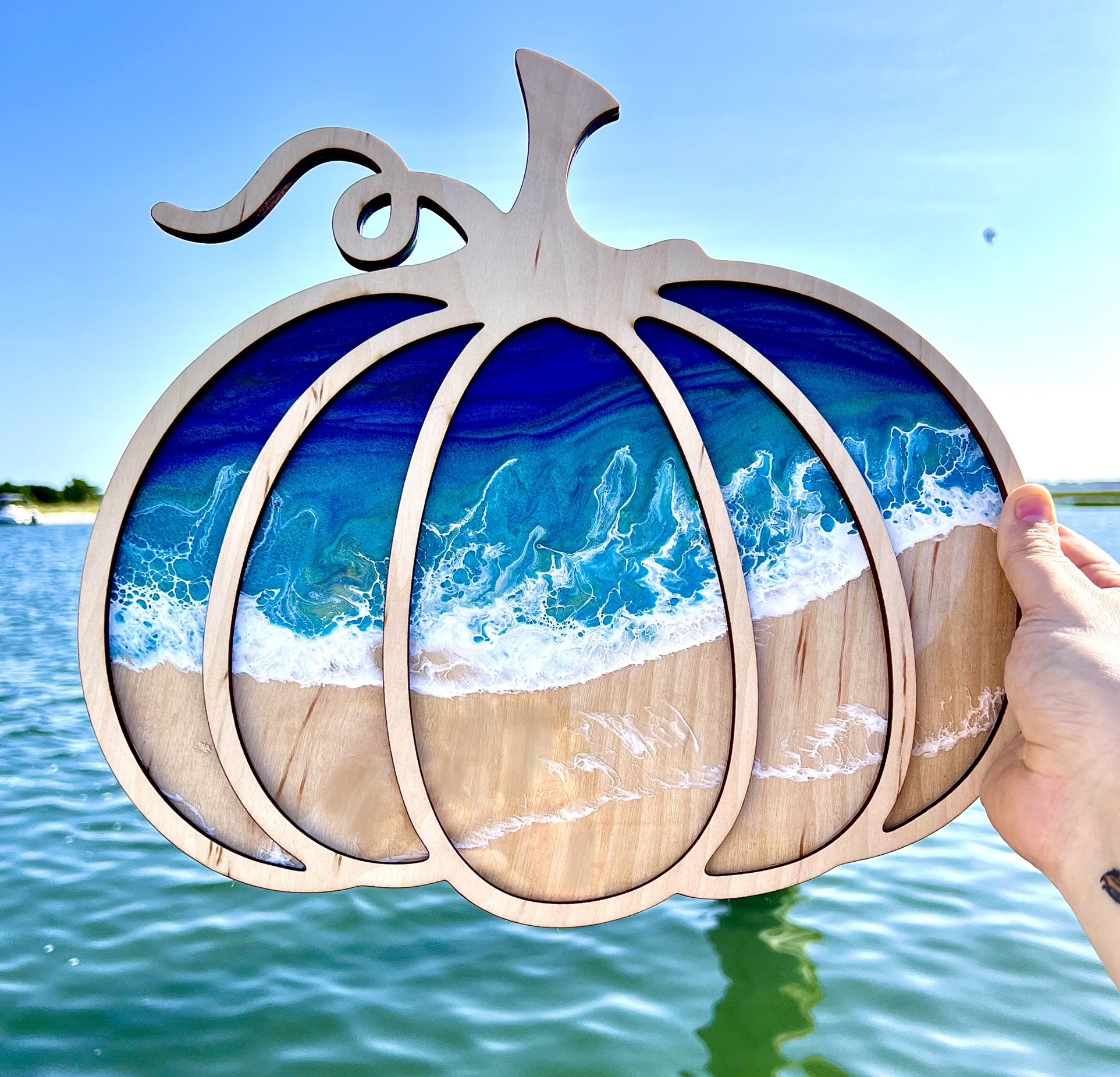 Coastal Harvest: Resin Poured Wave Pumpkin