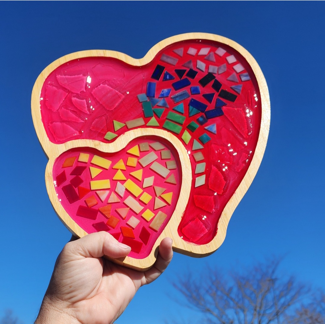 Bamboo Double Heart Resin Charcuterie/Trinket Tray (10.5+")