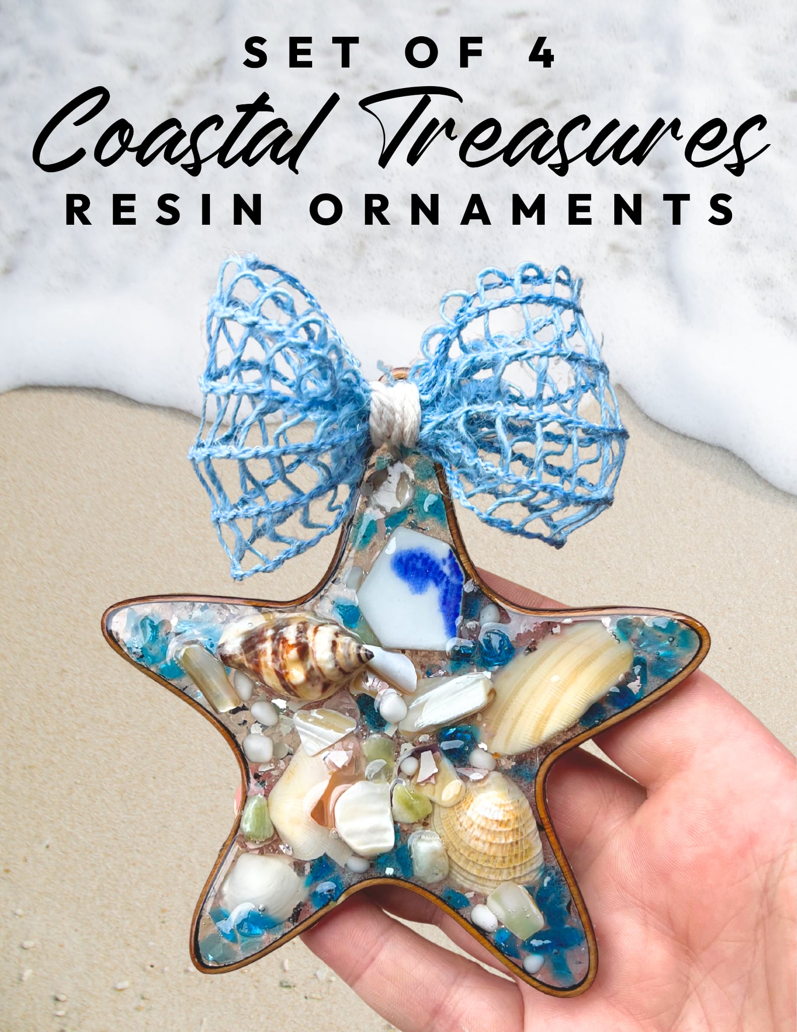Set of 4 Coastal Treasures Resin Ornaments