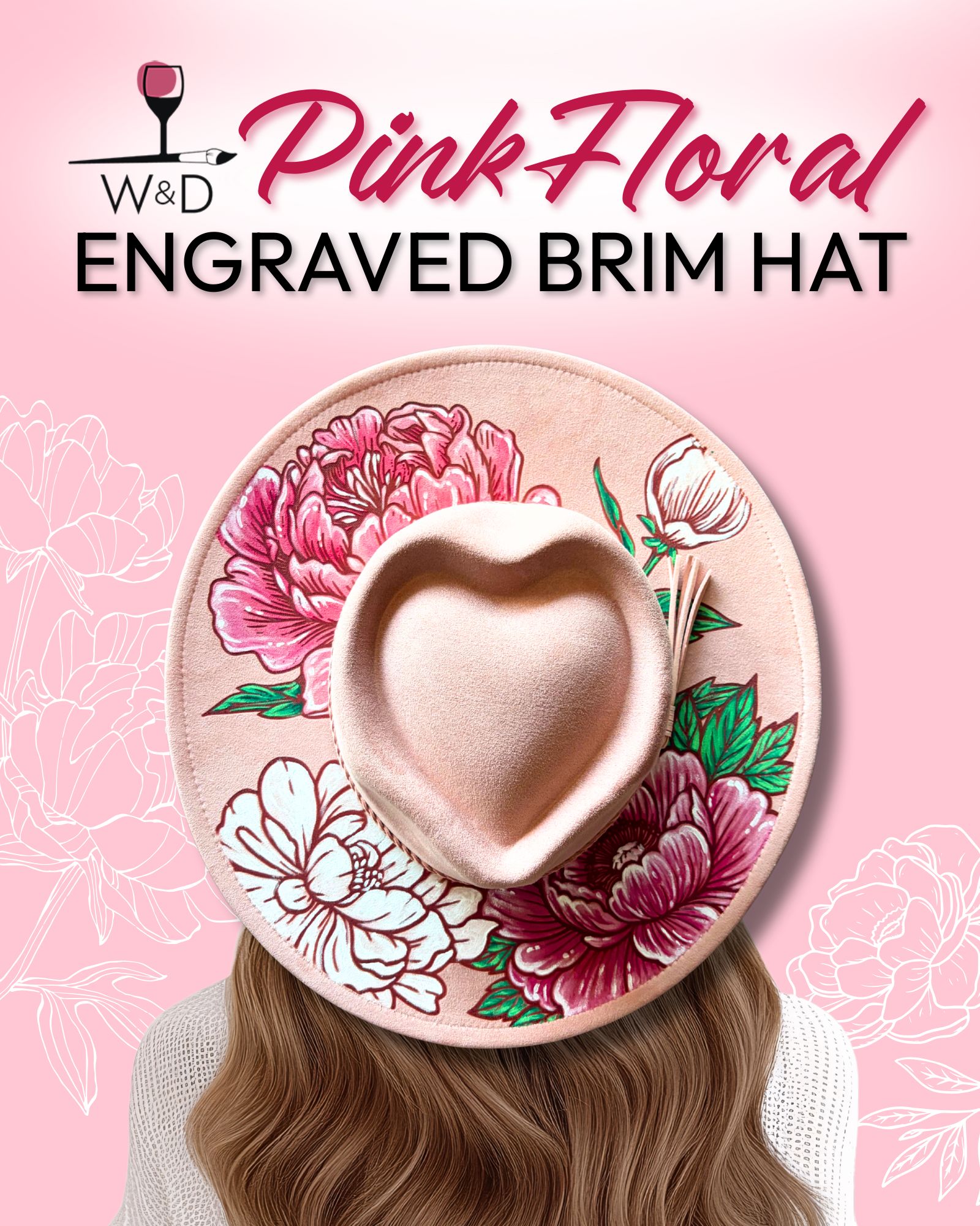 Galentine's Day Bash! Pink Floral Engraved + Hand Painted Brim Hat