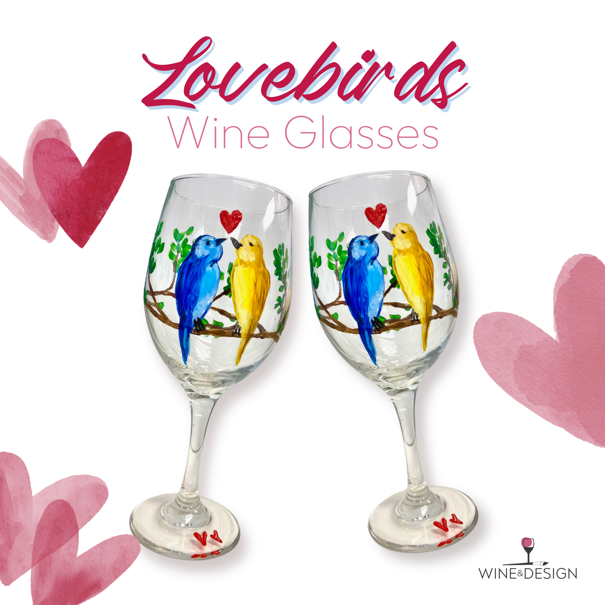 Lovebirds on 2 Wine Glasses