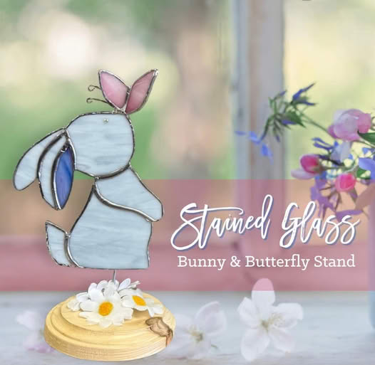 Stained Glass Bunny & Butterfly on Wooden Stand
