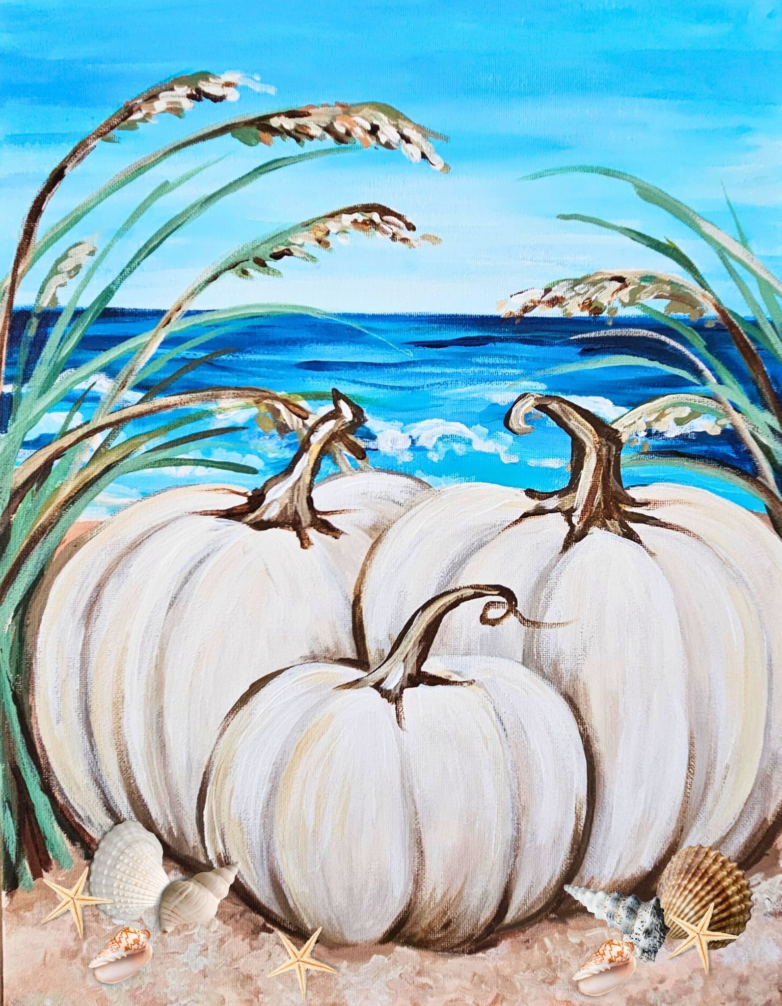 Harvest Tides Canvas Painting with Sea Shell Embellishments