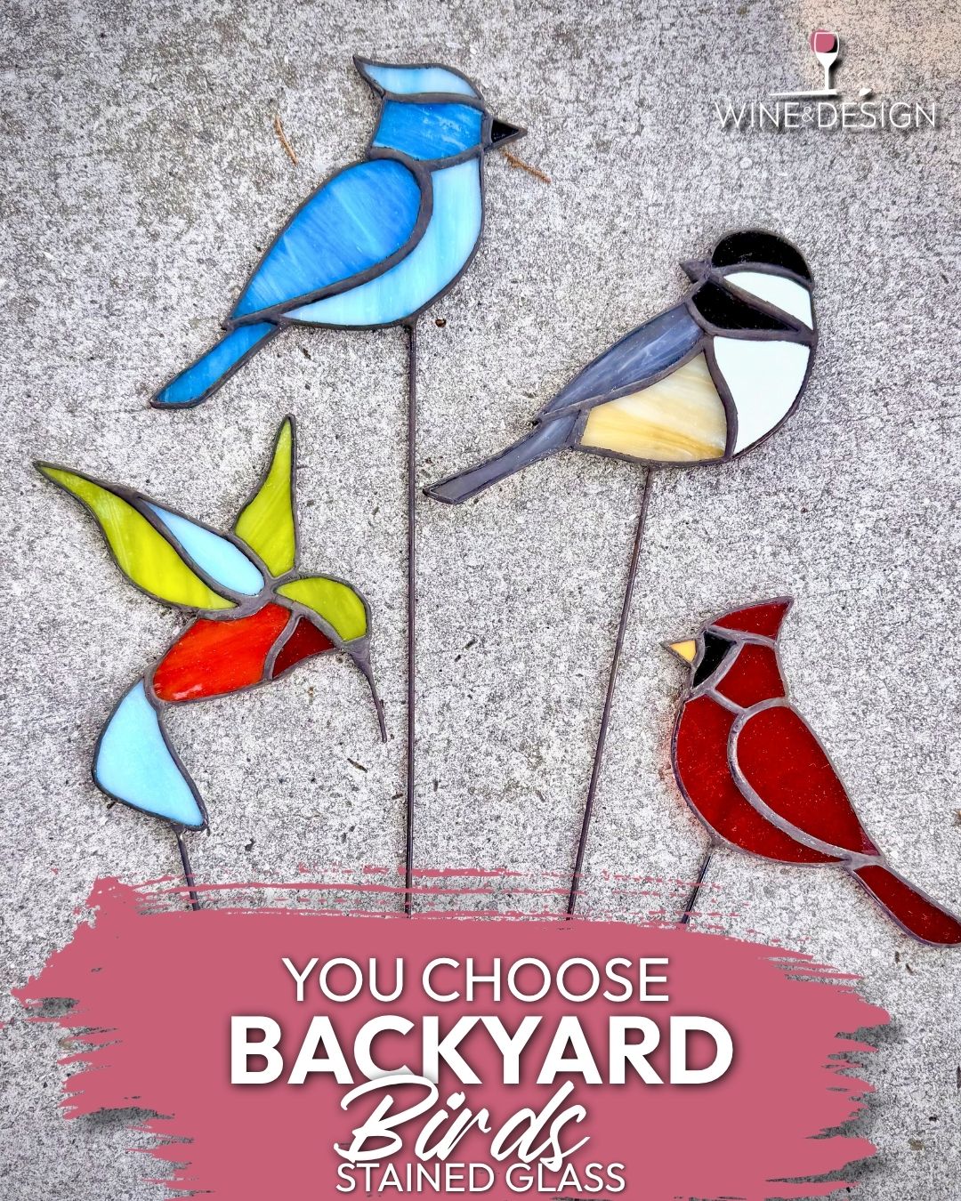 You Choose Set of 2 Backyard Birds Stained Glass Stakes
