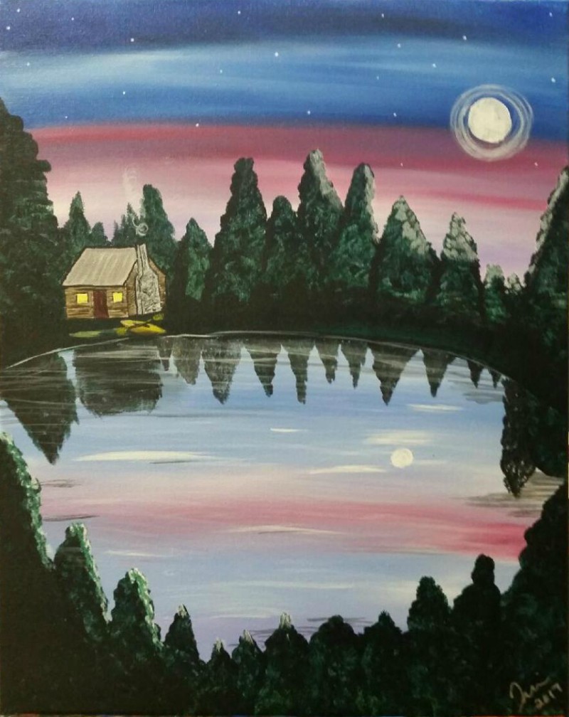 Cabin on Moonlit Lake