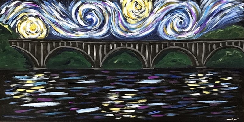 IN-STUDIO: Starry Night Train Bridge - 16x20 acrylic on canvas