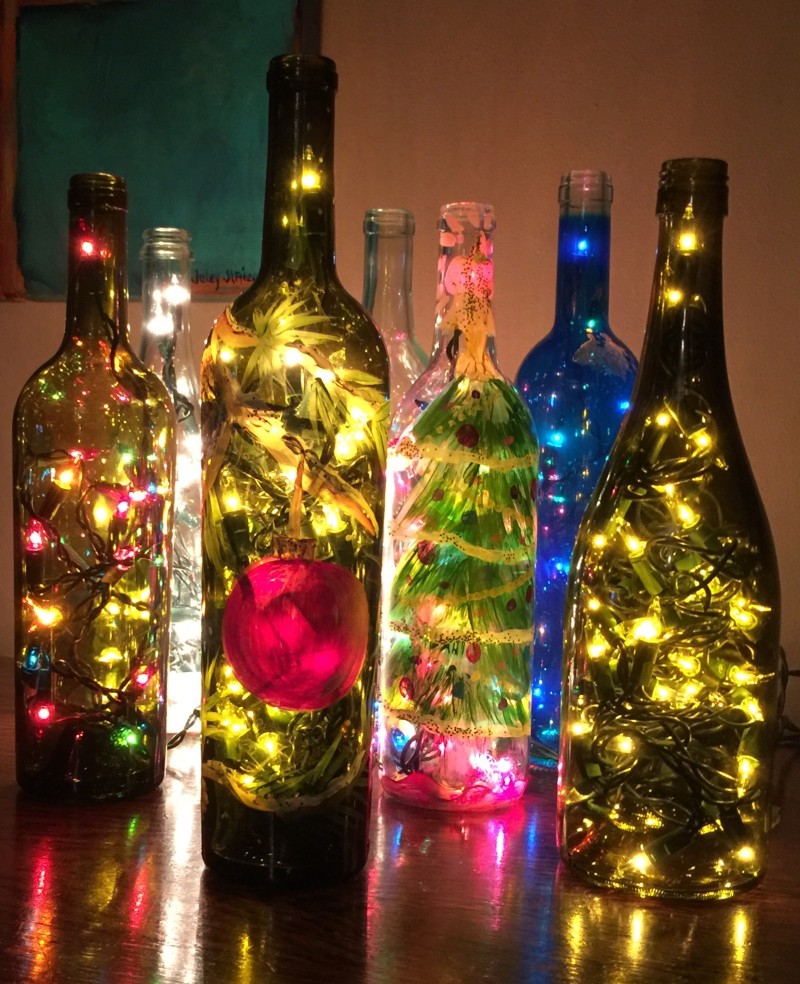 Holiday Light Up Painted Wine Bottle