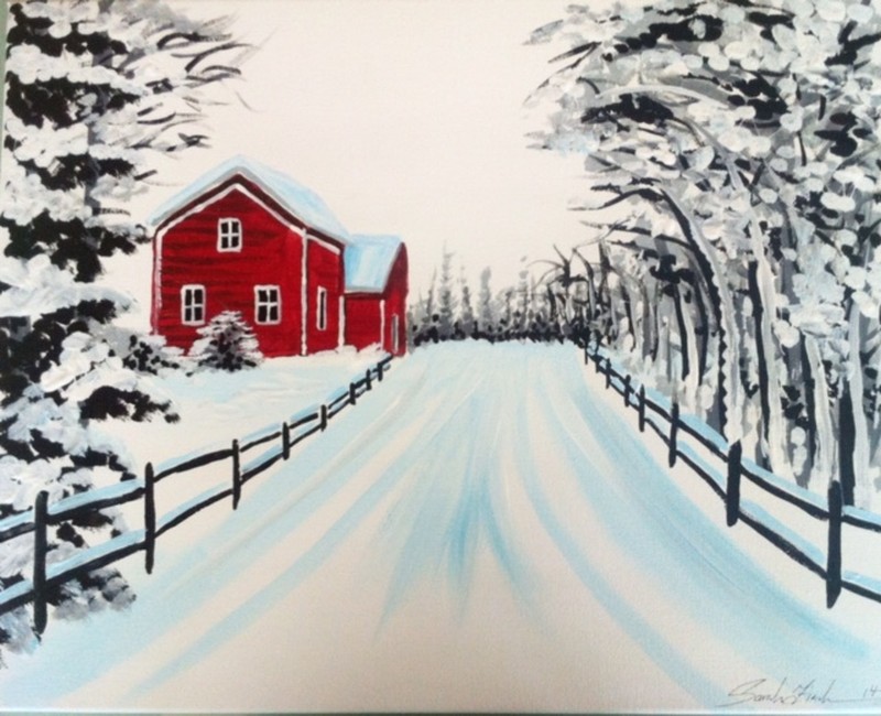 Red Barn in Snow - A step by step canvas painting experience!