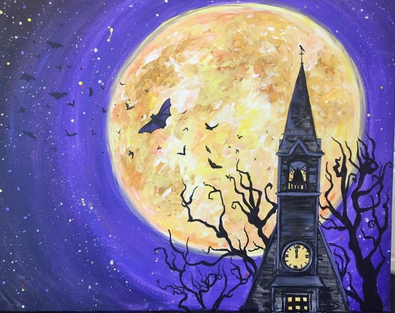 Bats & The Bell Tower - a step by step canvas painting experience!