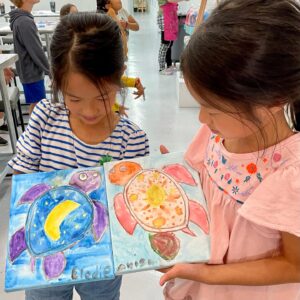 Painting a Turtle Pair at Wine & Design Montclair Summer Art Camp