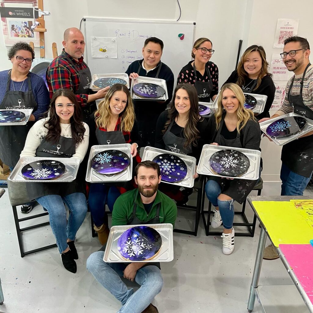 DIY Winter Charcuterie Boards with Glitter and Resin Davita Team Building at Wine & Design Montclair